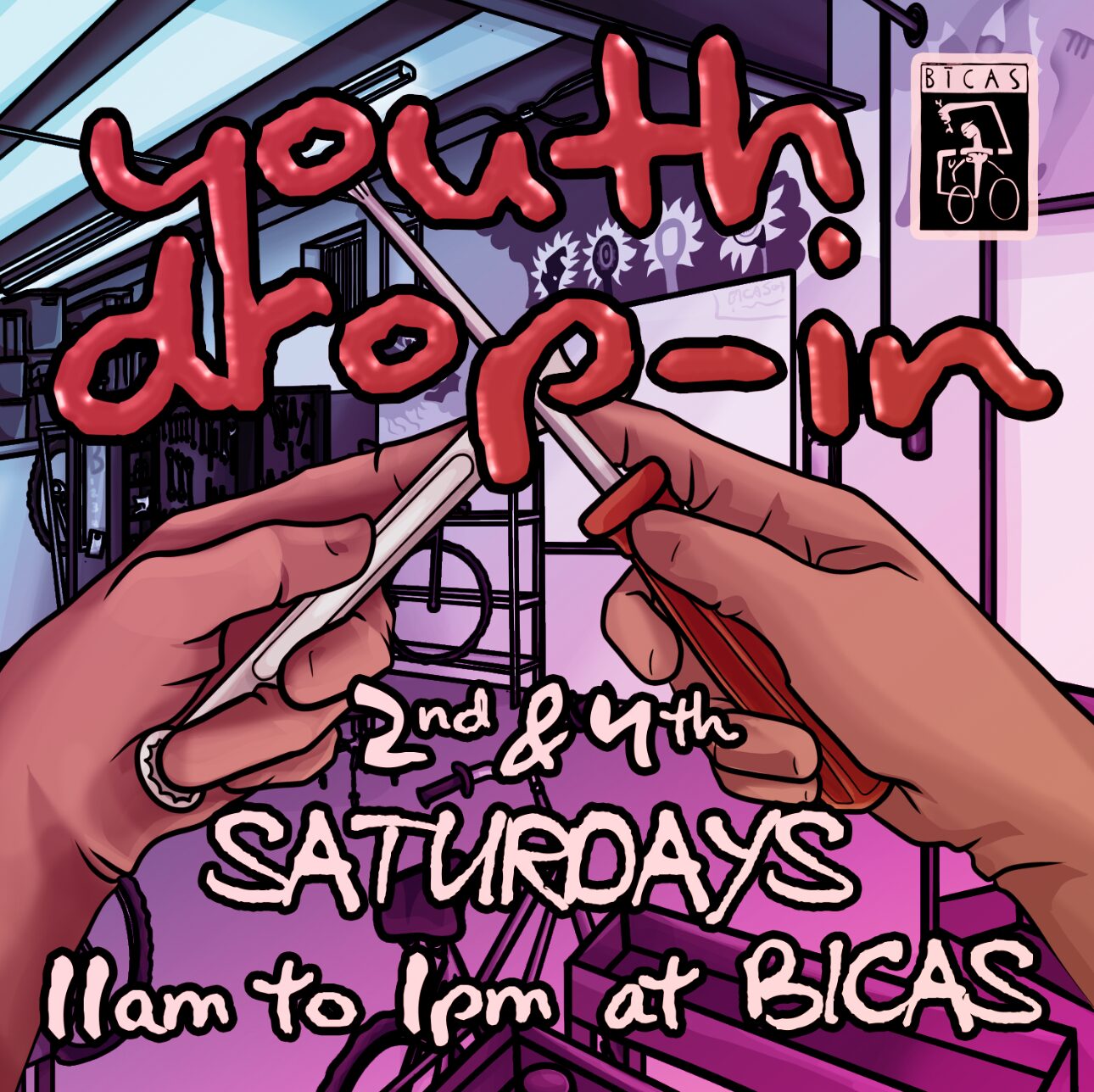 youth drop-in 2nd and 4th saturdays 11 am to 1 pm at bicas starting september 28th