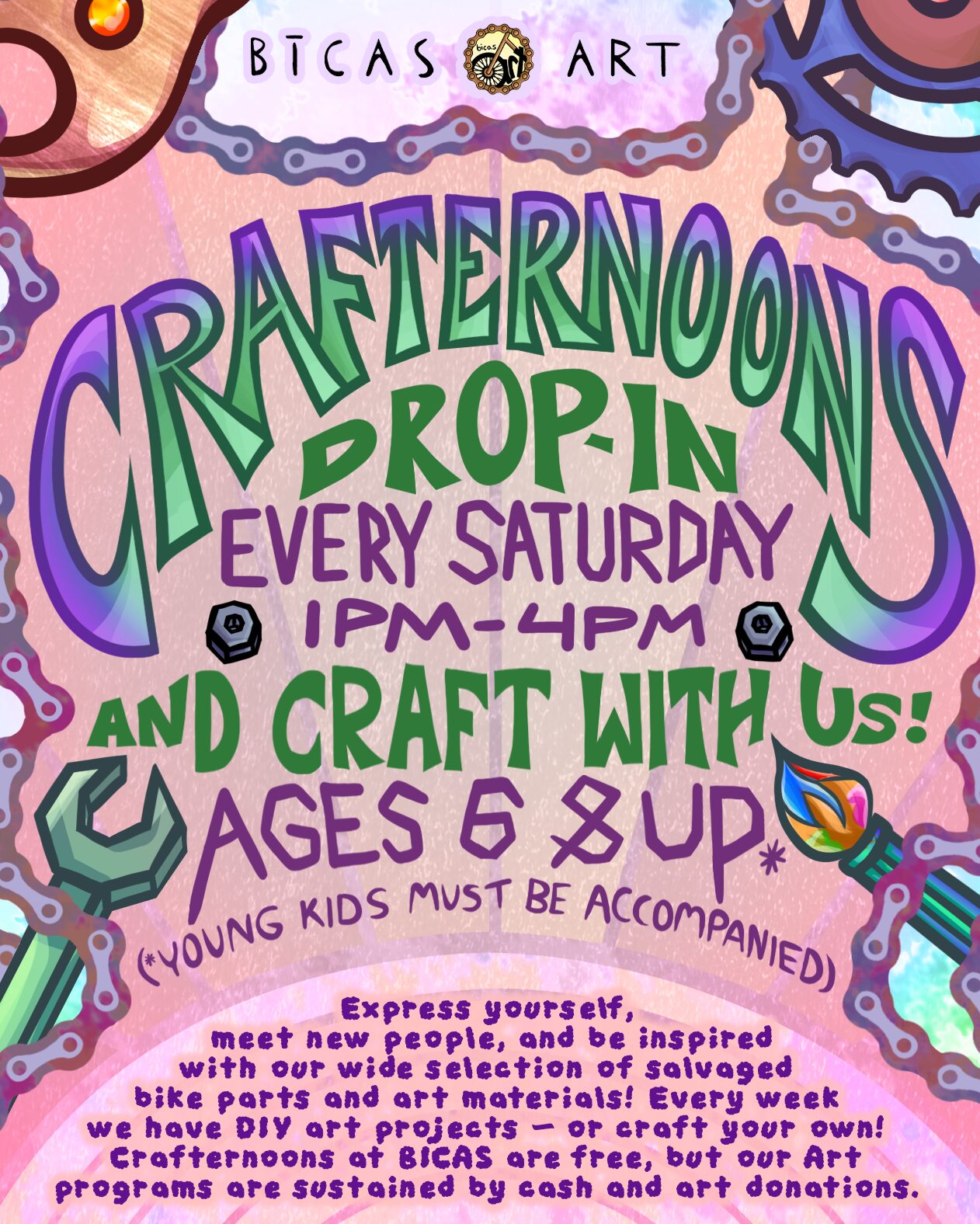 bicas art crafternoons drop-in every saturday 1pm-4pm and craft with us! ages 6 and up (young kids must be accompanied) Express yourself, meet new people, and be inspired with out wide selection of salvaged bike parts and art materials!